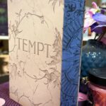 Ein Buch mit dem Titel "TEMPT" auf dem Einband. Das Buch steht aufrecht auf einer lila, geflochtenen Unterlage. Der Einband ist beige mit floralen Verzierungen, die wie in Stein gemeißelt aussehen, und der Buchrücken ist blau mit dekorativen Mustern. Um das Buch herum stehen mehrere kleine Teelichter in lila und rosa sowie ein Glas mit einer pinken Kerze und schwarzem Deckel. Im Hintergrund befindet sich eine dunkelblaue Vase mit künstlichen lila und rosa Blüten. Dahinter sieht man ein Regal voller bunter Bücher. Die Szene wirkt dekorativ und gemütlich, als wäre sie für ein Buchfoto oder eine Buchpräsentation arrangiert.